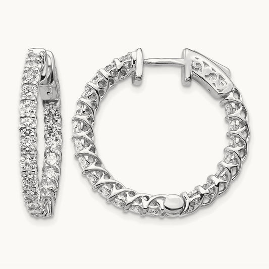 Diamond Round Hoop w/Safety Clasp Earrings, 14K White Gold