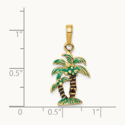 3D Enameled Palm Trees Pendant, 14K