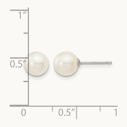 6- White Round FW Cultured Pearl Stud Post Earrings, 7mm, 14K White Gold