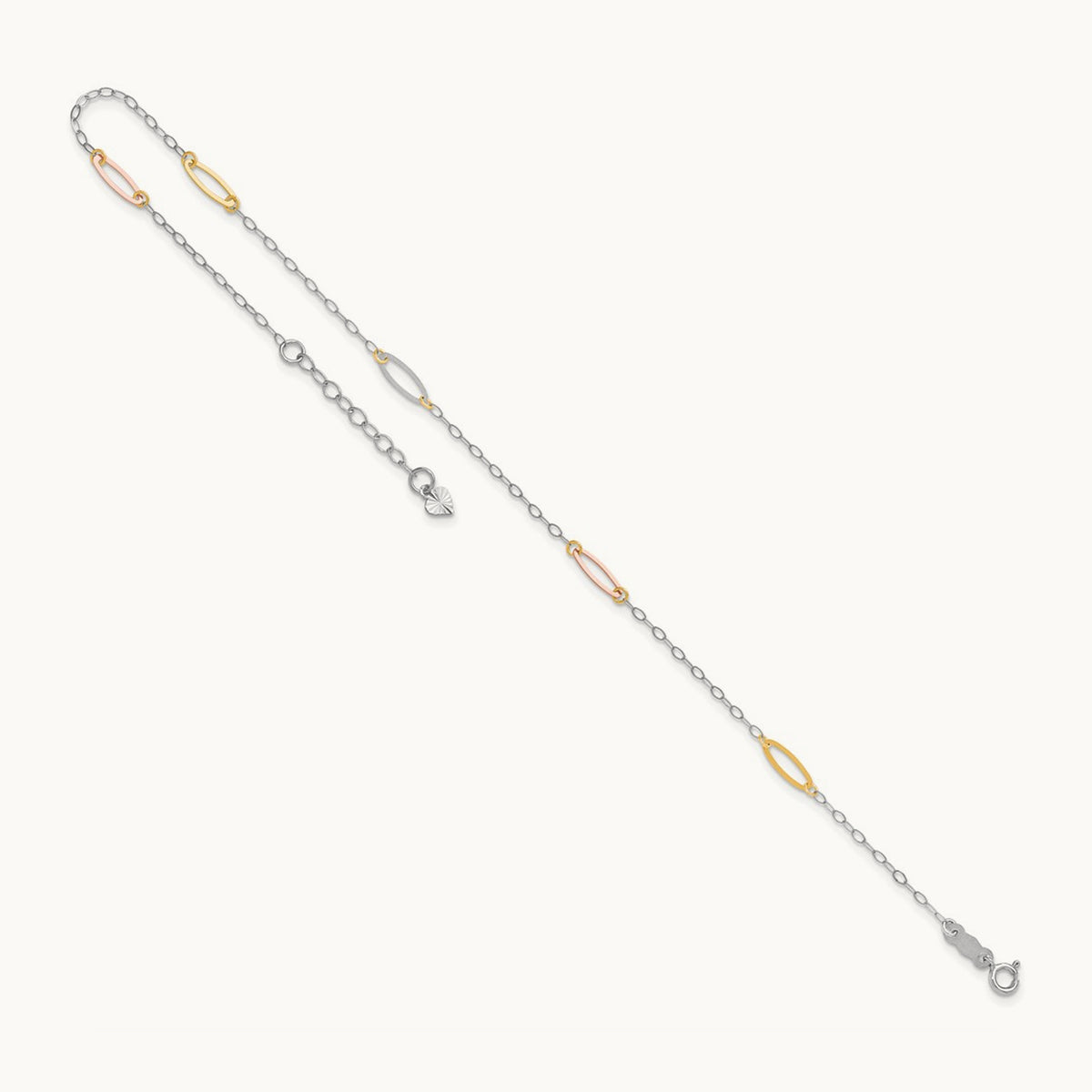 Tri-color Oval Link 9in Plus 1in Ext. Anklet, 14K