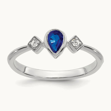 Pear Bezel Sapphire and Diamond Ring — 14K White Gold, 7