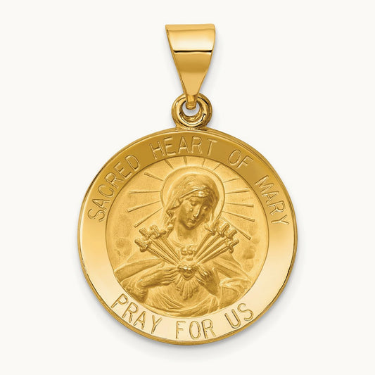 Polished and Satin Sacred Heart of Mary Medal Hollow Pendant, 14K