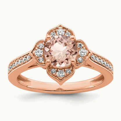 Complete Diamond/Morganite Round Engagement Ring, 14K Rose Gold