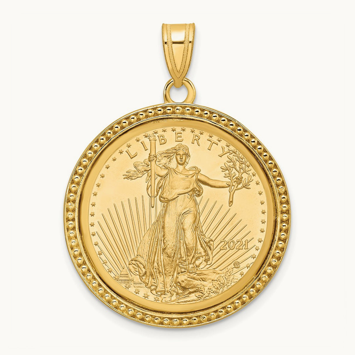 Polished & Beaded Mounted 1/4oz AM Eagle Prong Coin Bezel Pendant, 14K