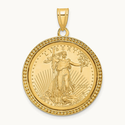 Polished & Beaded Mounted 1/4oz AM Eagle Prong Coin Bezel Pendant, 14K