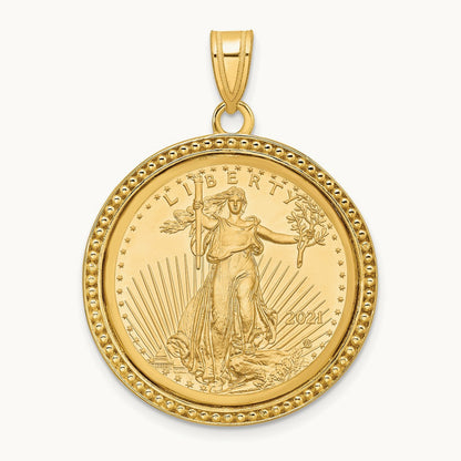 Polished & Beaded Mounted 1/4oz AM Eagle Prong Coin Bezel Pendant, 14K