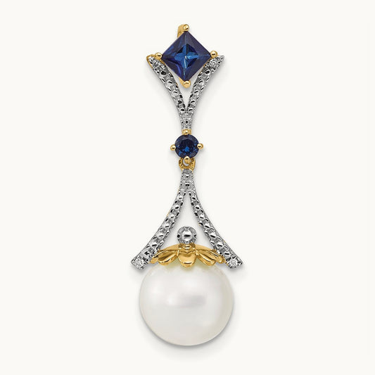 Diamond 8- Round FWC Pearl/Created Sapphire Chain Slide, 9mm, 14K