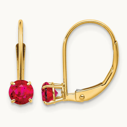 Round July/Ruby Leverback Earrings — 14K Yellow Gold