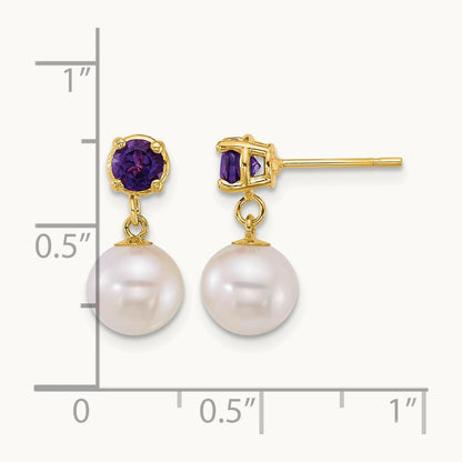 7- Round White FWC Pearl and Amethyst Post Dangle earrings, 8mm, 14K