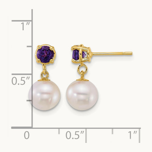 7- Round White FWC Pearl and Amethyst Post Dangle earrings, 8mm, 14K