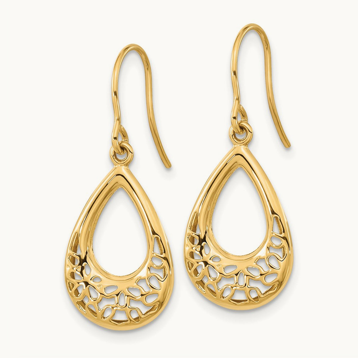Polished Floral Teardrop Shepherd Hook Earrings, 14K