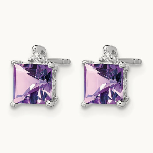 Princess Amethyst and Diamond Earrings, 14K White Gold