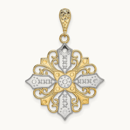 w/ Rhodium Cut-out Cross Medallion Charm, 14K