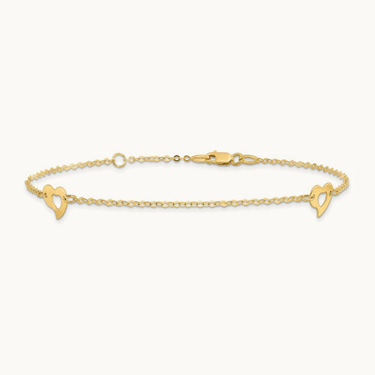 Polished Heart 9in Plus 1in ext Anklet, 14K