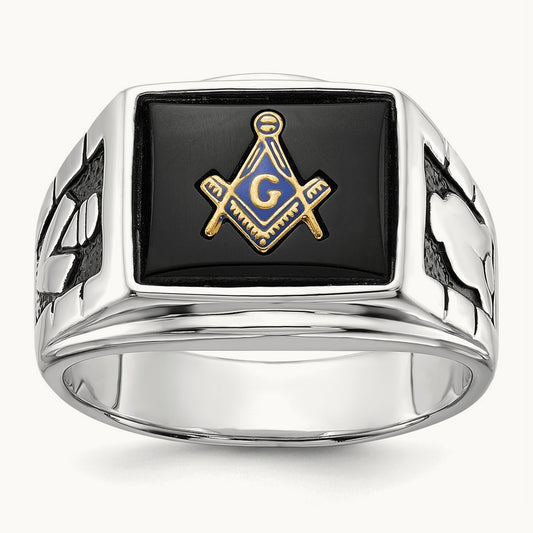 Men's Polished & Textured w/ Black Enamel Onyx Masonic Ring, 14K White Gold