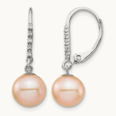 8- Pink FWC Pearl .05ct Diamond Leverback Earrings, 9mm, 14K White Gold