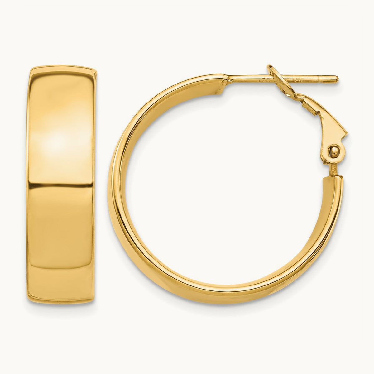 High Polished Omega Back Hoop Earrings — 14K Yellow Gold, 7mm