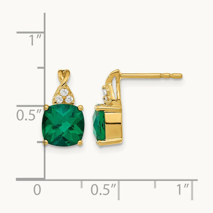 Checkerboard Created Emerald and Lab-Grown Diamond Earrings — 14K Yellow Gold