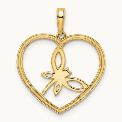 Diamond-cut Dragonfly in Heart Pendant, 14K with White Rhodium