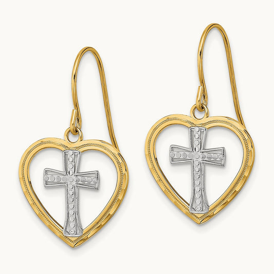 w/Rhodium Cross In Center Heart Earrings, 14K