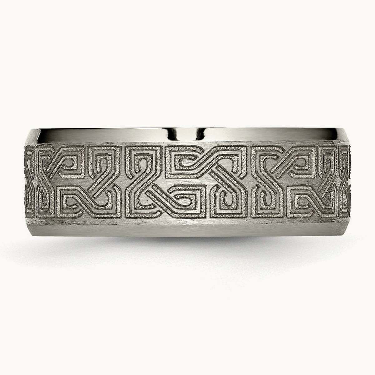 Brushed & Polished Greek Key Laser Design Beveled Band — photo set