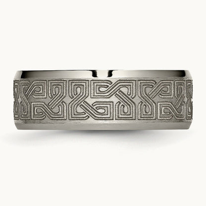 Brushed & Polished Greek Key Laser Design Beveled Band — photo set