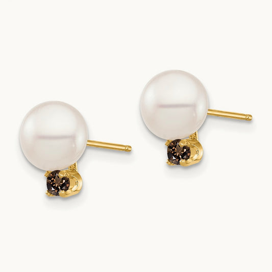 7- White Round FW Cultured Pearl Smokey Quartz Post Earrings, 7.5mm, 14K
