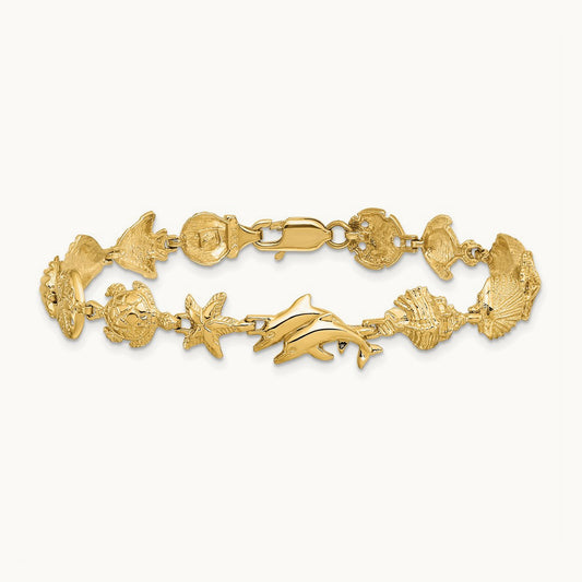 Nautical Combination w/ Dolphins Link Bracelet, 14K