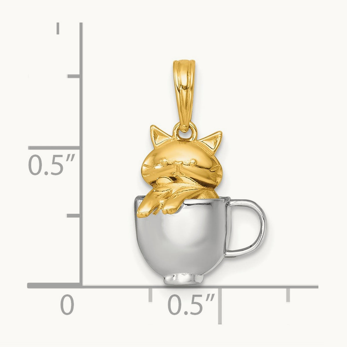 Polished 3-D Cat In Mug Charm, 14K with White Rhodium
