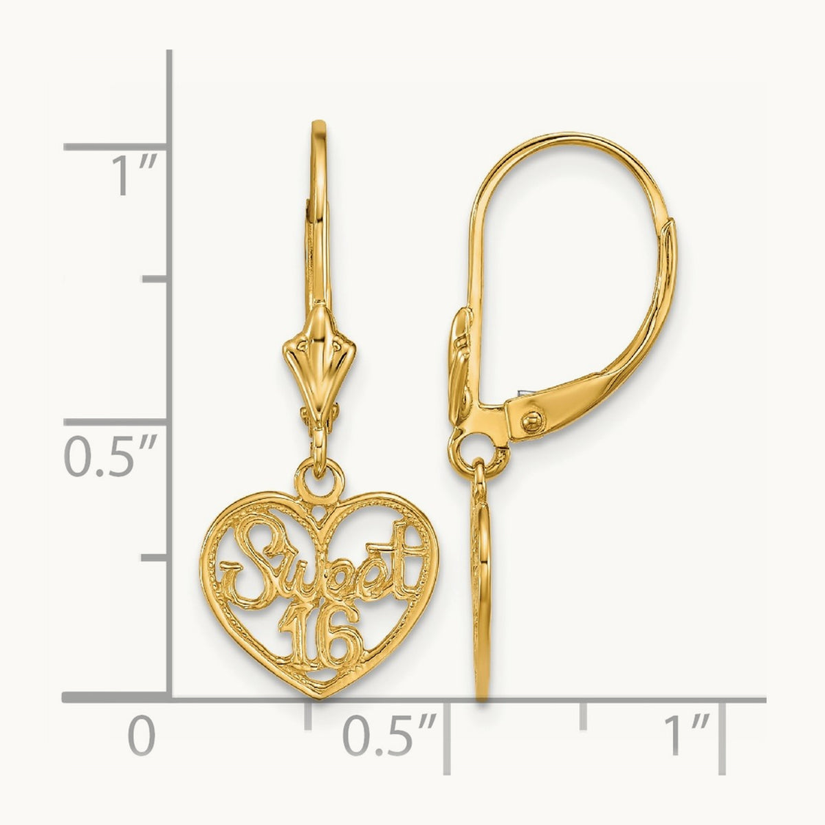 Polished SWEET 16 in Heart Dangle Leverback Earrings, 14K