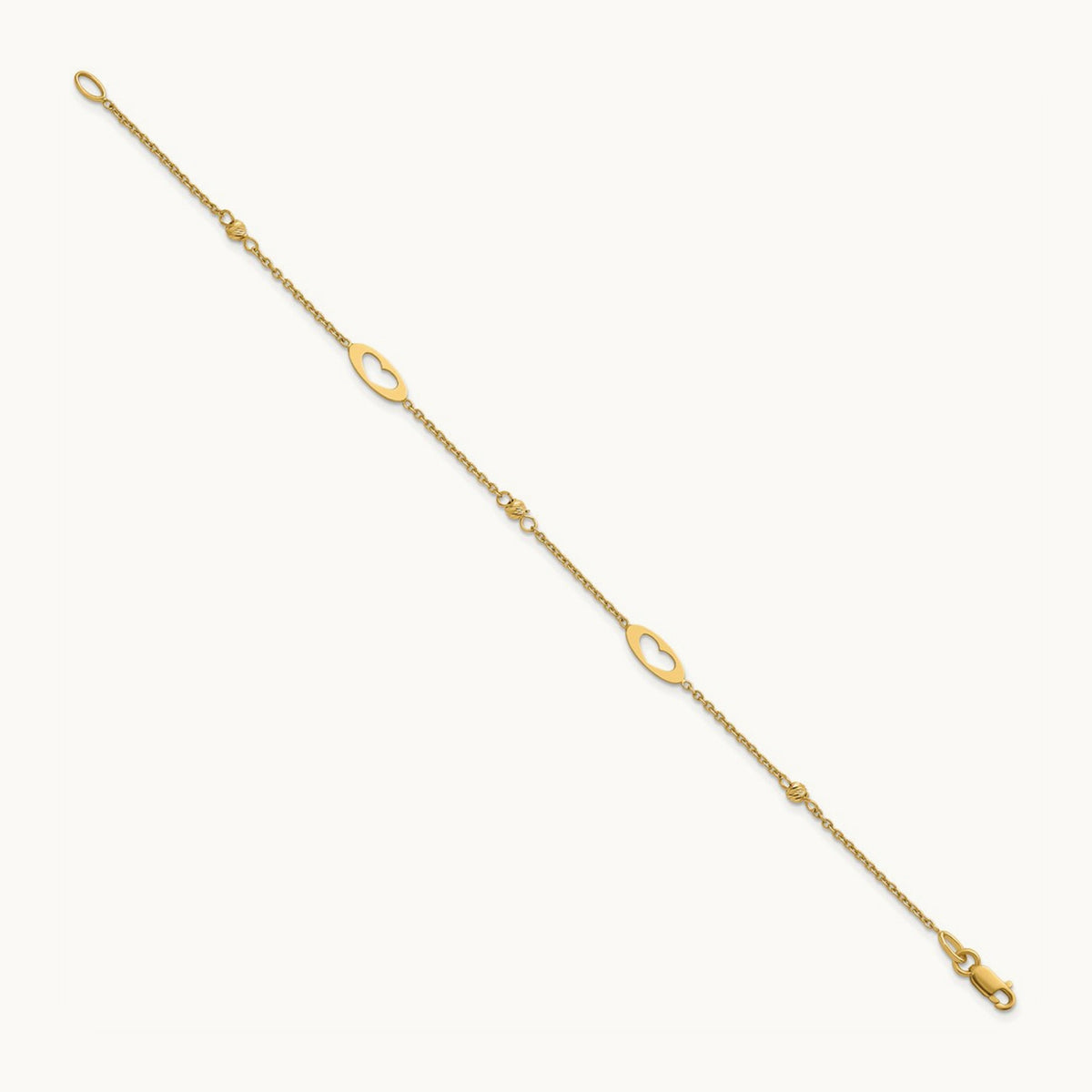 Polished Link Hearts and D/C Beads 7.5in Bracelet, 14K