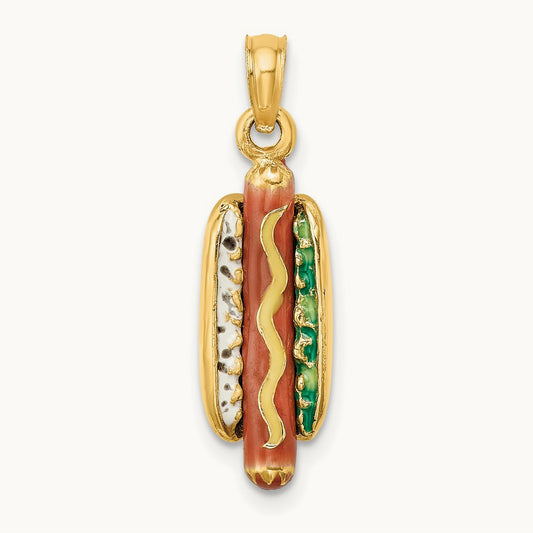 3-D Enamel Hot Dog w/ Bun Charm, 14K