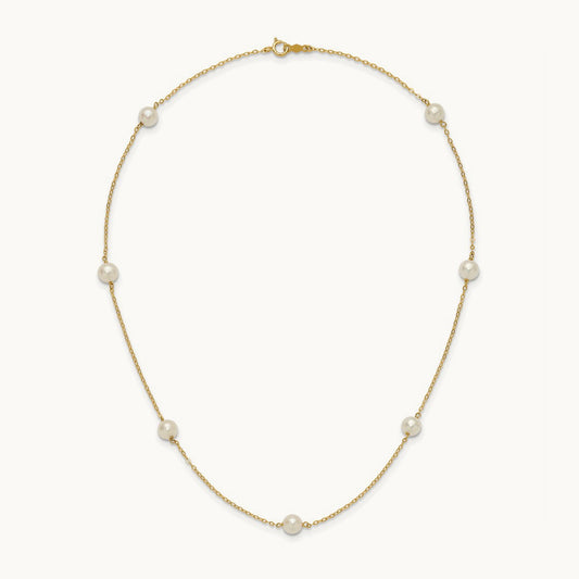5- White Near Round Freshwater Cultured Pearl 7-Station Necklace, 14K
