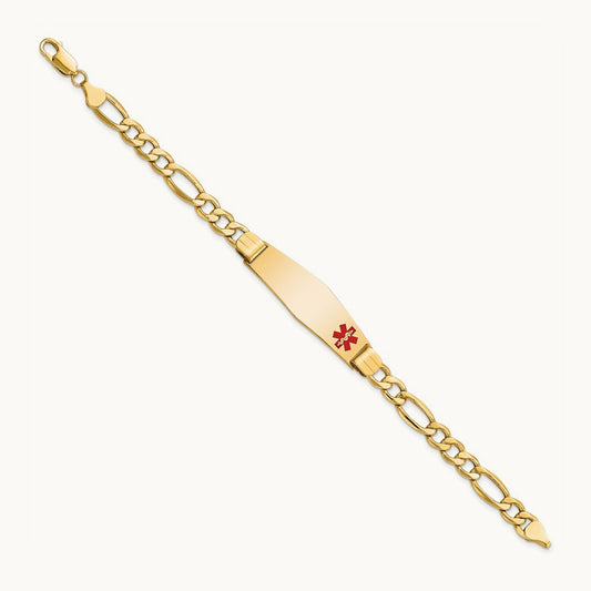 Semi-Solid Medical Soft Diamond Shape Red Enamel Figaro ID Bracelet, 14K