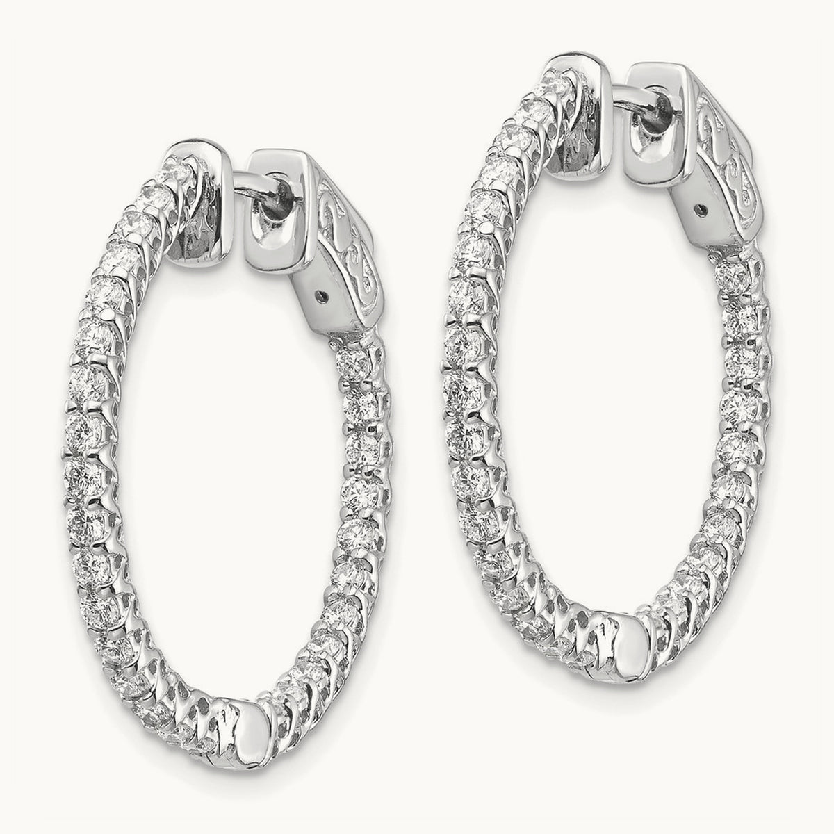 Diamond Round Hoop w/Safety Clasp Earrings, 14K White Gold