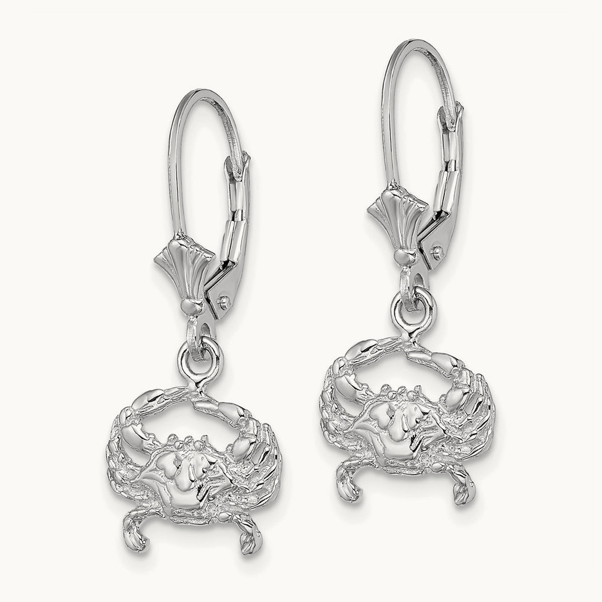 Blue Crab Leverback Earrings — 14K White Gold