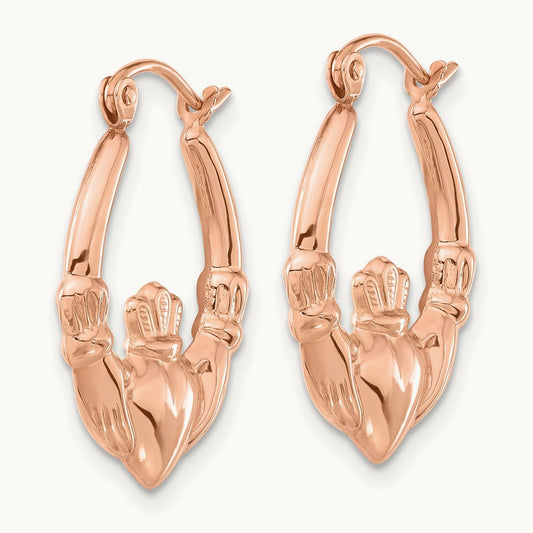 Polished Claddagh Hoop Earrings, 14K Rose Gold