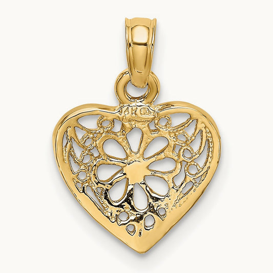2-D Filigree Heart w/ Flower Design Charm, 14K