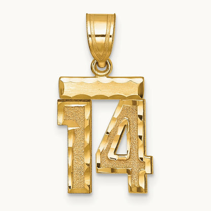 Small Brushed Diamond-cut Number 14 Charm — 14K Yellow Gold