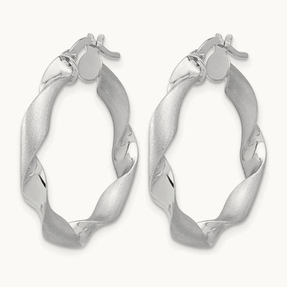 Polished and Brushed Twisted Hoop Earrings — 14K White Gold, 26.5mm