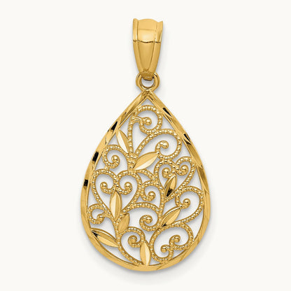 Polished and Textured Small Filigree Teardrop Pendant, 14K Gold