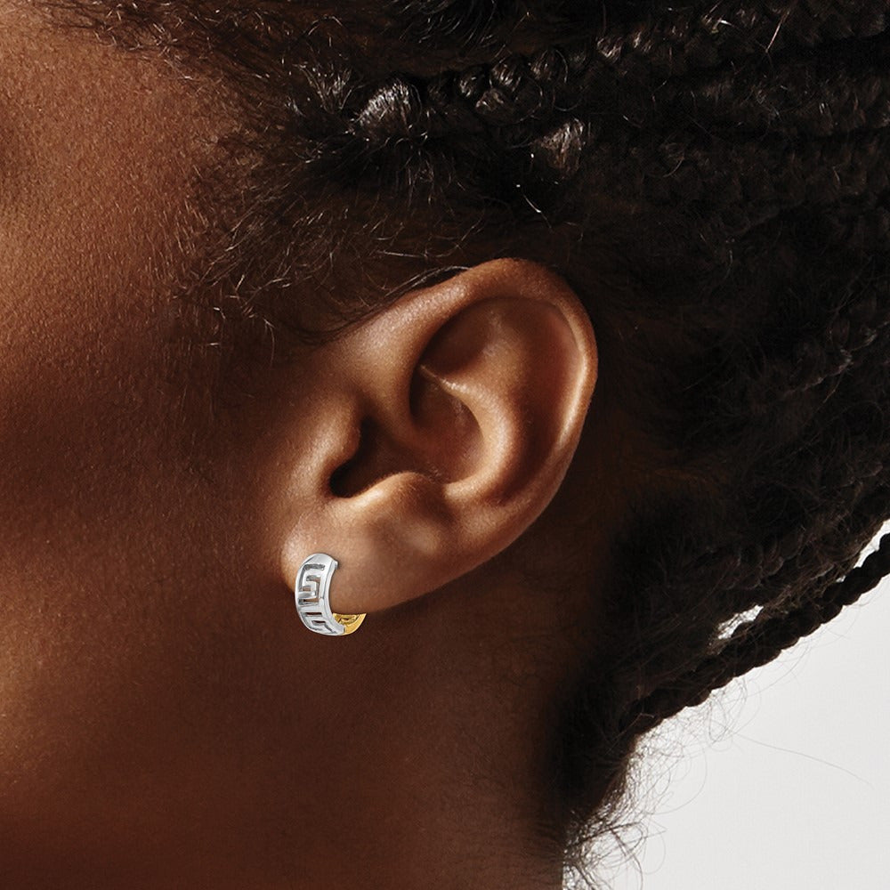 Greek Key Hinged Hoop Earrings — 14K Two-Tone Gold
