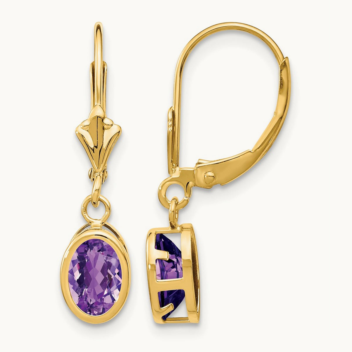 Oval Amethyst Leverback Earrings — 14K Yellow Gold, 27mm, 7x5mm