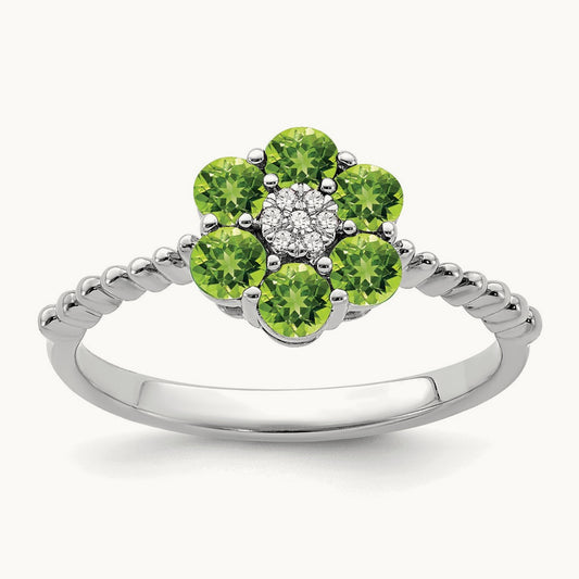 Peridot and Diamond Floral Ring, 14K White Gold