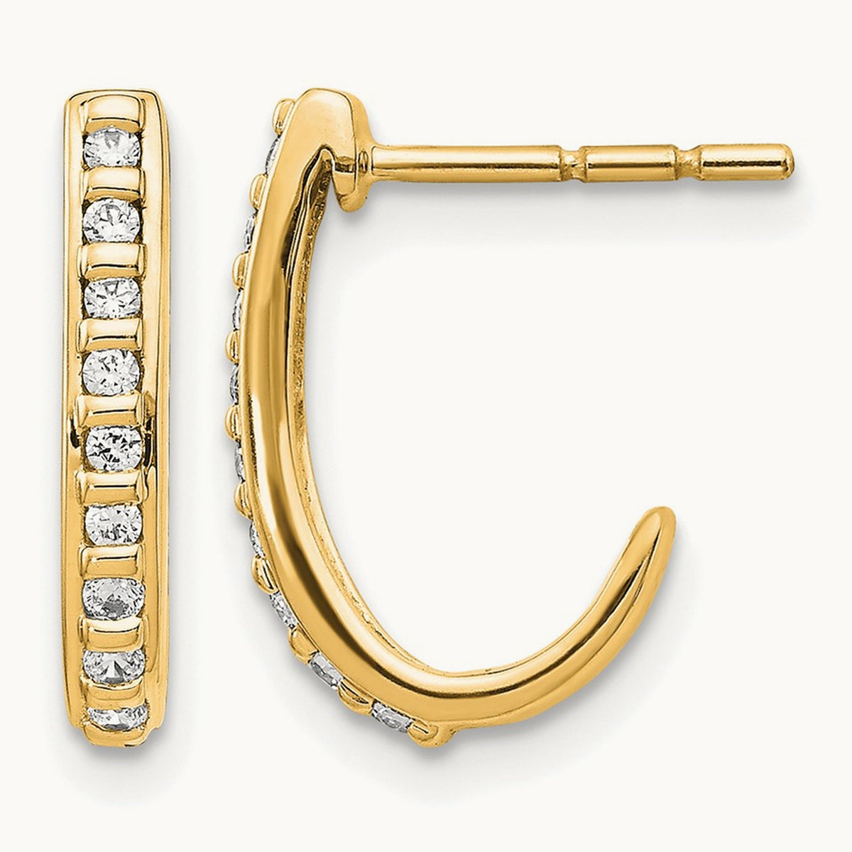 Diamond J-Hoop Post Earrings — 14K Yellow Gold