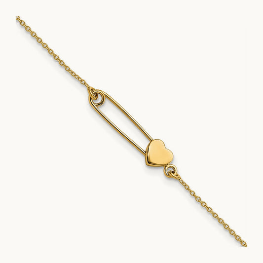 Safety Pin with Heart Bracelet, 14K