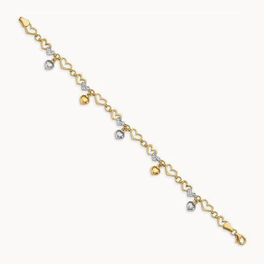 & White Rhodium Polished Heart D/C Bracelet, 14K