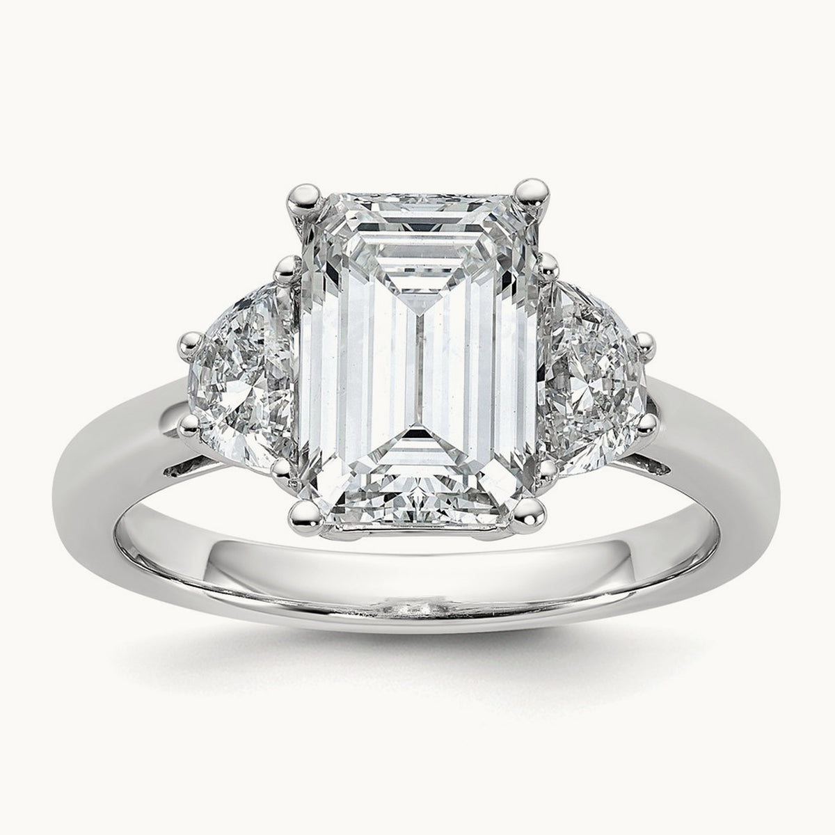 Semi-Mount Emerald & 1/2 Moon 3 Stone Engagement Ring, 0.25-1.00 ct tw Lab-Grown Diamond — 5/8 ct, 14K White Gold