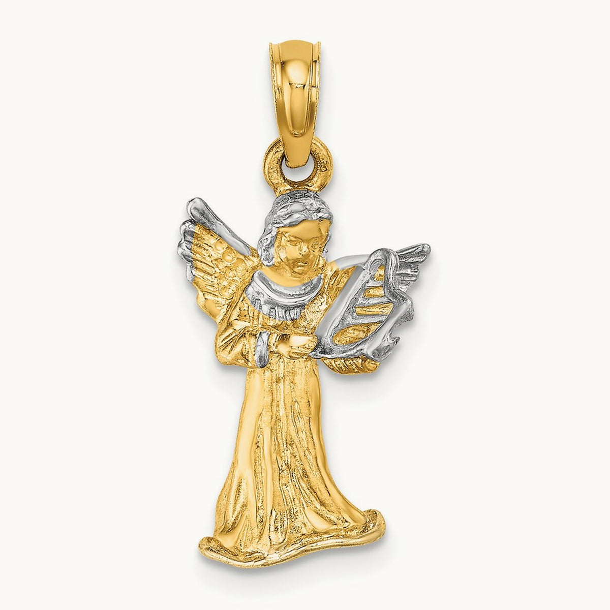 w/ White Rhodium 3-D Angel Playing Harp Charm, 14K