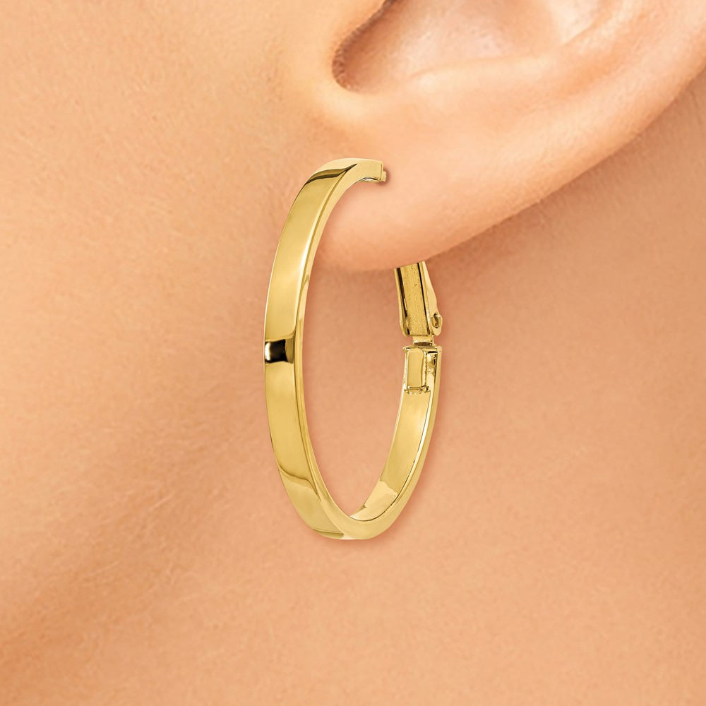 Polished Square Tube Round Hoop Earrings — 14K Yellow Gold, 3x30mm